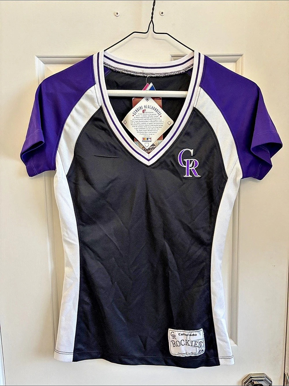 Majestic Colorado Rockies MLB Women's V-Neck Jersey Shirt Black & White